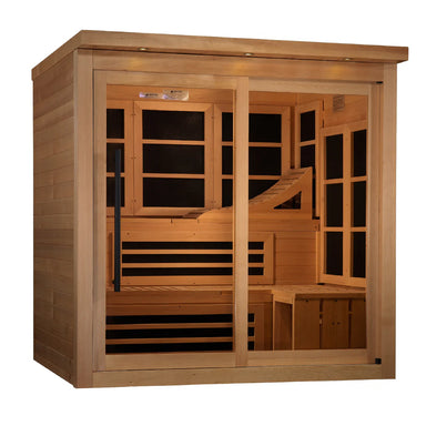 Golden Designs Monaco Limited Edition 6-person Near Zero EMF FAR Infrared Sauna angled front view