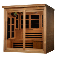 Golden Designs Monaco Limited Edition 6-person Near Zero EMF FAR Infrared Sauna front view angled left