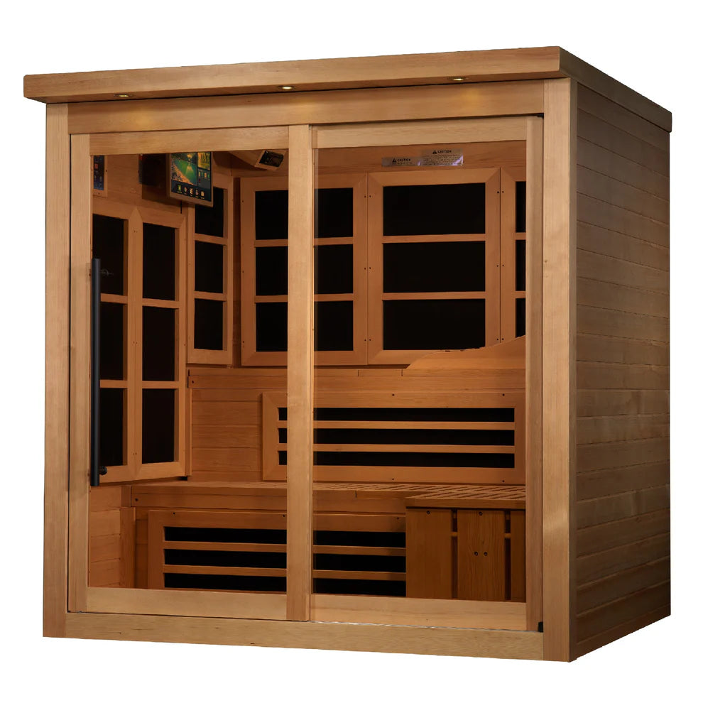 Golden Designs Monaco Limited Edition 6-person Near Zero EMF FAR Infrared Sauna front view angled left