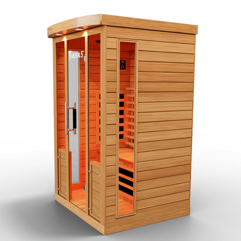 Medical Saunas Medical 5 Sauna front image white background angled sharply left to see side view as well