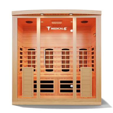 Medical Saunas Medical 6 Ultra Full Spectrum Sauna front view warm internal lights on