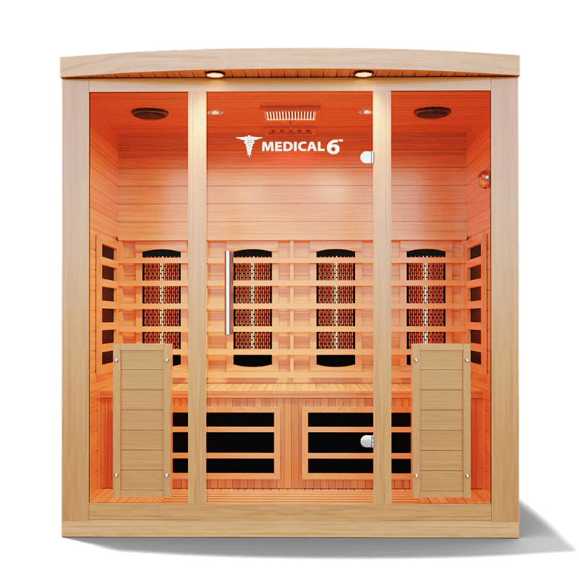 Medical Saunas Medical 6 Ultra Full Spectrum Sauna front view warm internal lights on