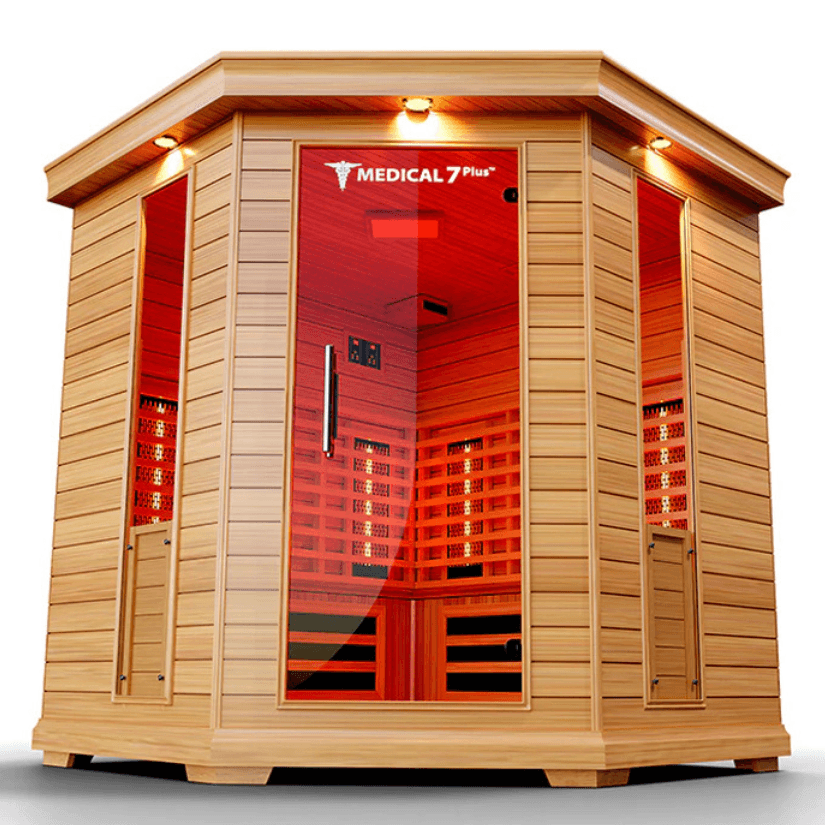 Medical Saunas Medical 7 Plus Ultra Full Spectrum Infrared Sauna front view very upward angle internal lights on