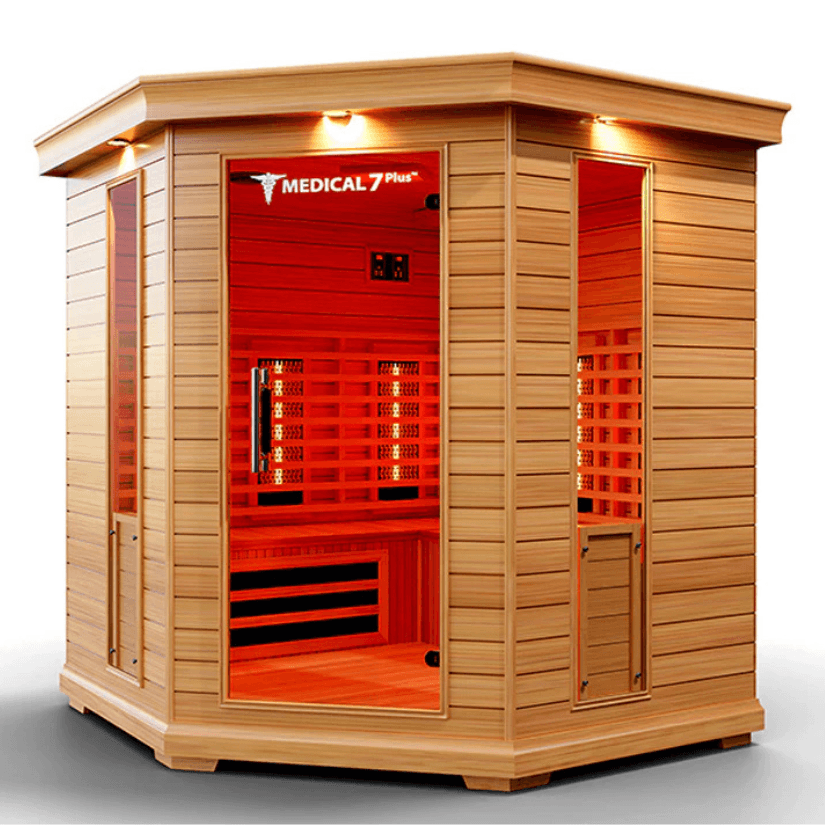 Medical Saunas Medical 7 Plus Ultra Full Spectrum Infrared Sauna front view angled slightly left part of ceiling and floor visible internal lights on