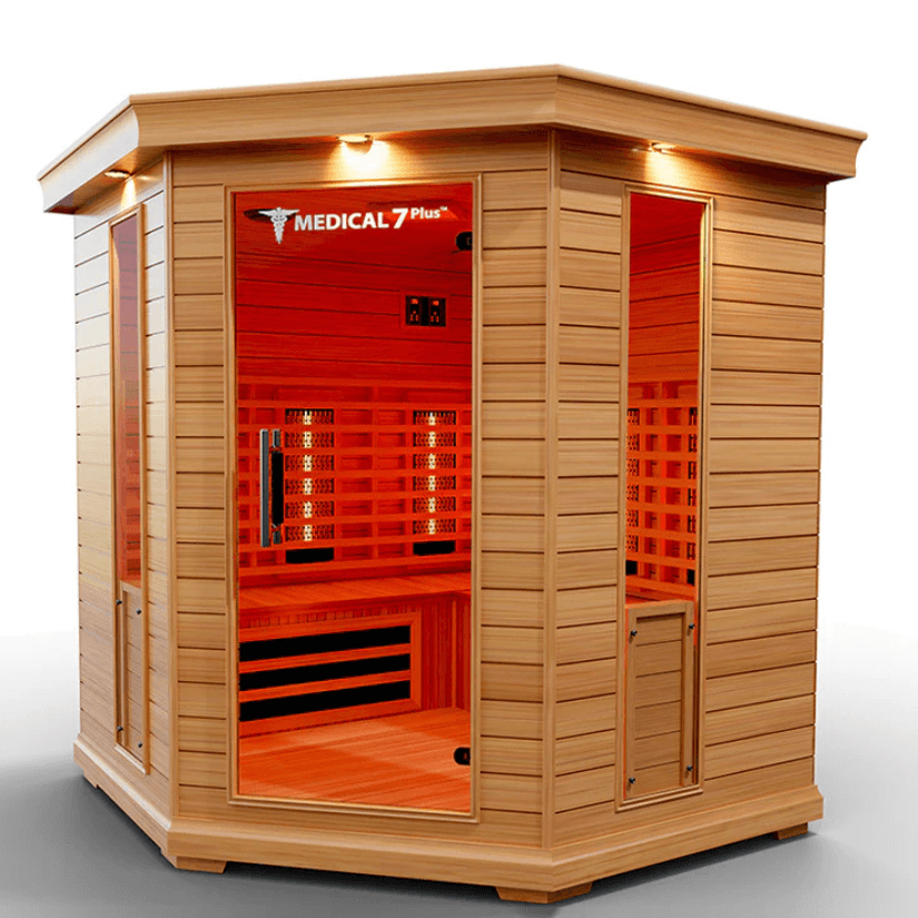 Medical Saunas Medical 7 Plus Ultra Full Spectrum Infrared Sauna front view angled slightly left ceiling and floor visible internal lights on
