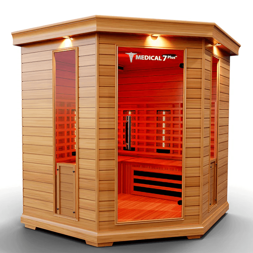 Medical Saunas Medical 7 Plus Ultra Full Spectrum Infrared Sauna front view angled slightly right ceiling and floor visible internal lights on