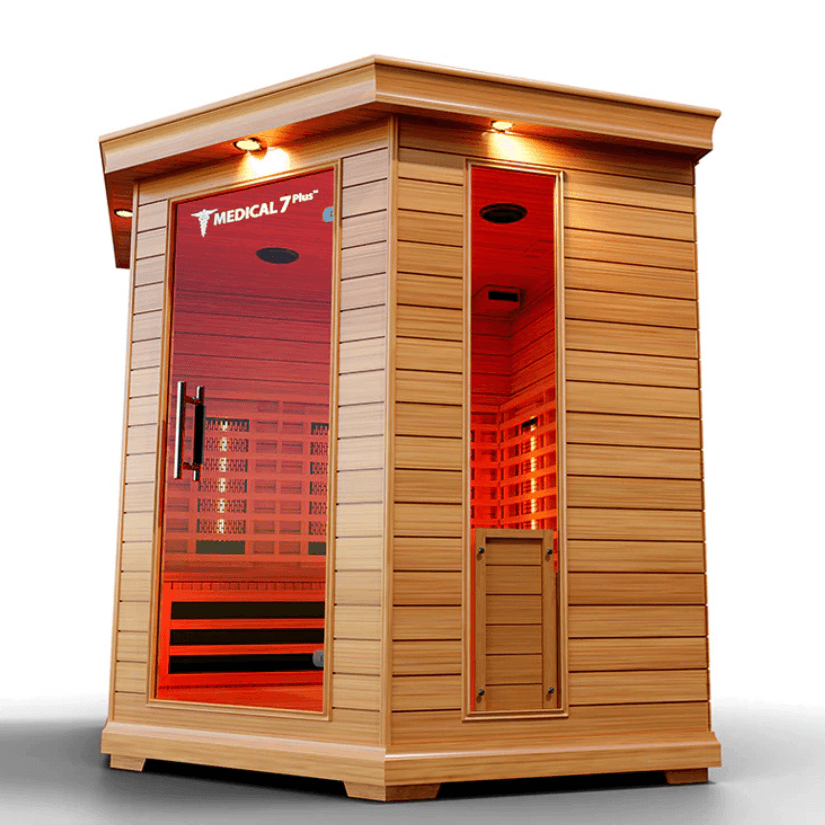 Medical Saunas Medical 7 Plus Ultra Full Spectrum Infrared Sauna front view angled slightly left very upward looking angle internal lights on