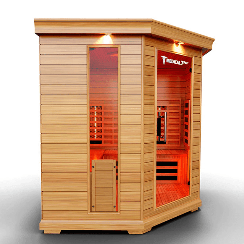 Medical Saunas Medical 7 Plus Ultra Full Spectrum Infrared Sauna left side view internal lights on