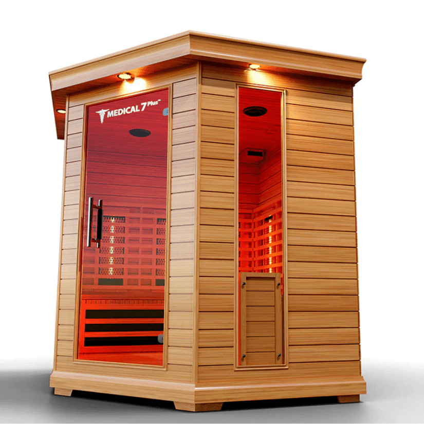Medical Saunas Medical 7 Plus Ultra Full Spectrum Infrared Sauna front and right side view very upward angle internal lights on