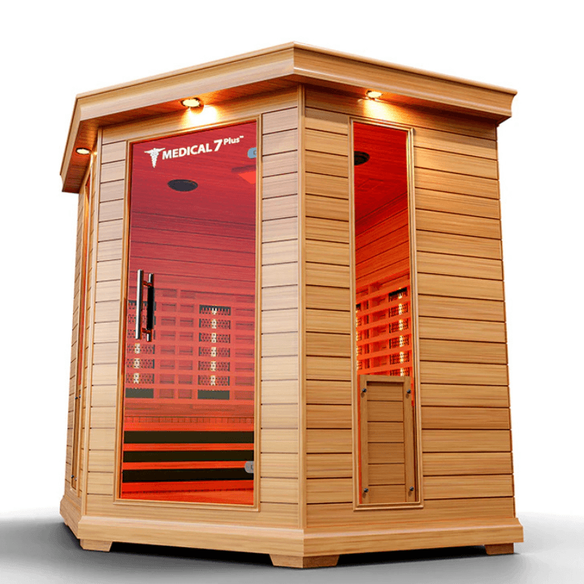 Medical Saunas Medical 7 Plus Ultra Full Spectrum Infrared Sauna front and right side view very upward angle internal lights on