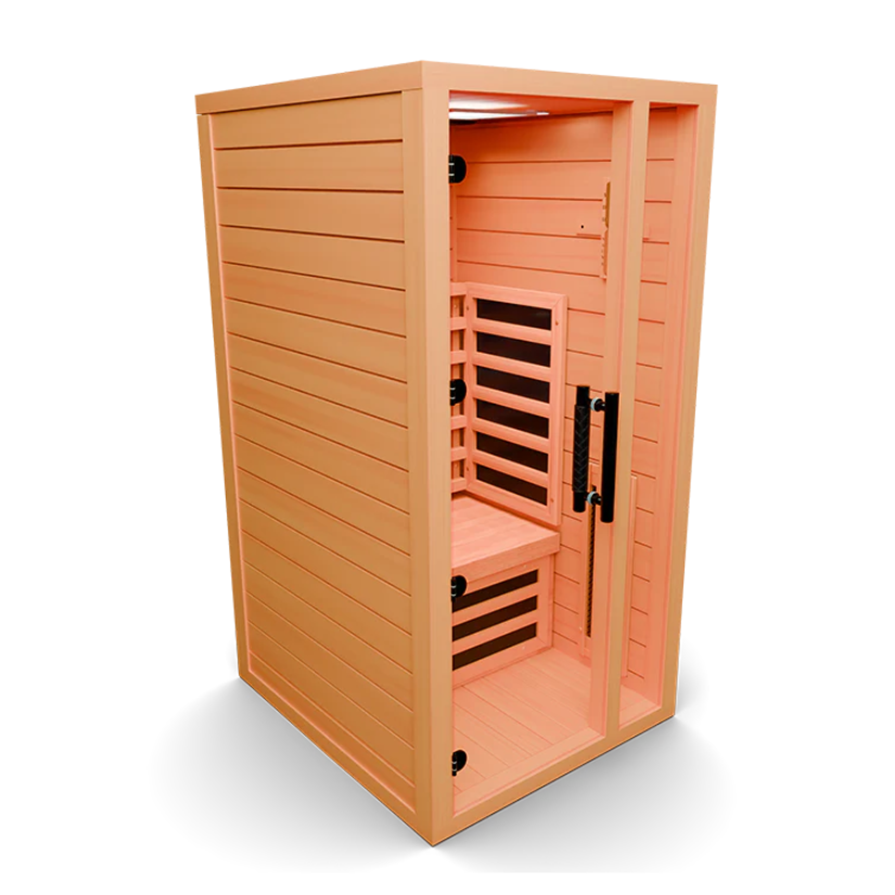 Medical Saunas Medical 4 Ultra Full Spectrum Infrared Sauna front view angled sharply right slight overhead angle white background