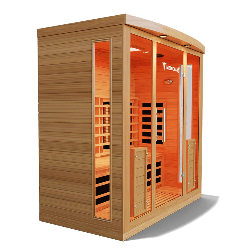 Medical Saunas Medical 6 Ultra Full Spectrum Sauna front/left corner  view warm internal lights on