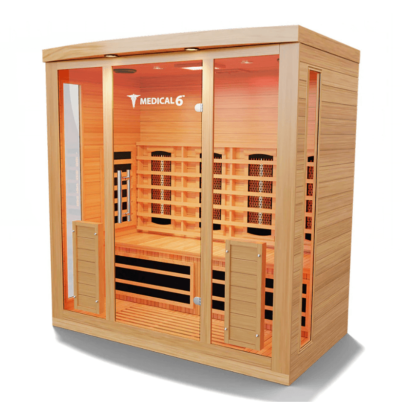 Medical Saunas Medical 6 Ultra Full Spectrum Sauna front view angled left warm internal lights on