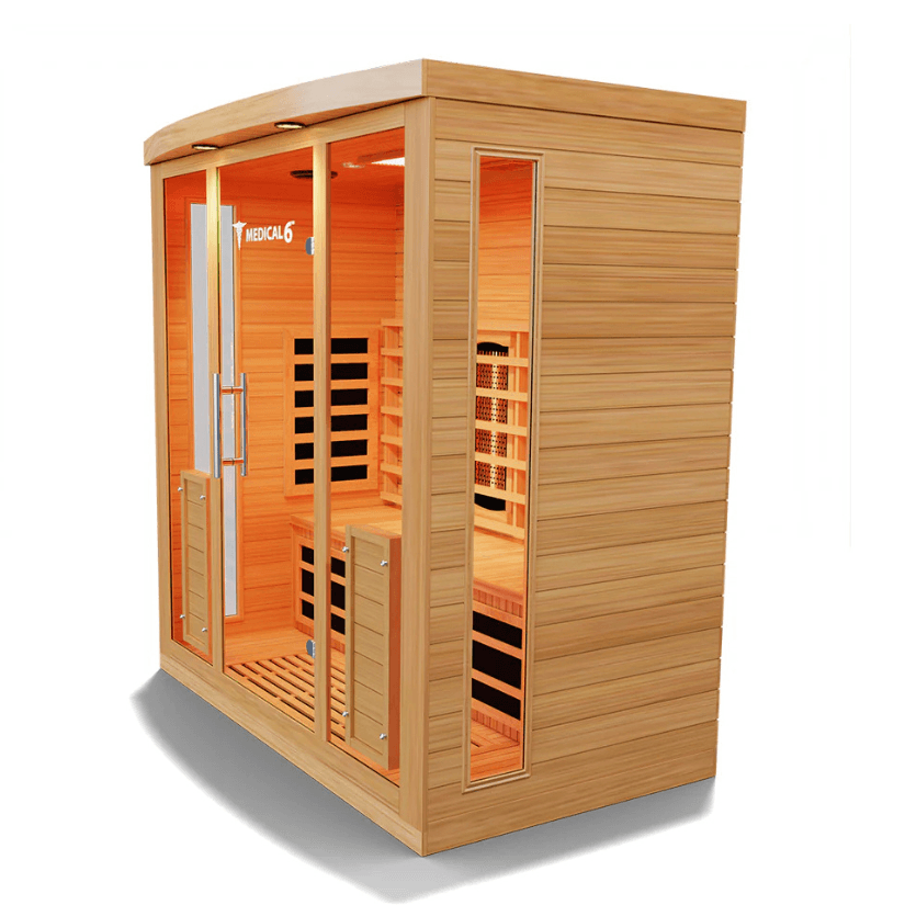 Medical Saunas Medical 6 Ultra Full Spectrum Sauna front and right side view warm internal lights on