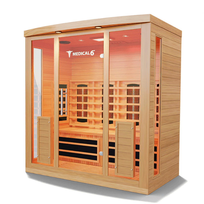 Medical Saunas Medical 6 Ultra Full Spectrum Sauna front view angled slightly left warm internal lights on