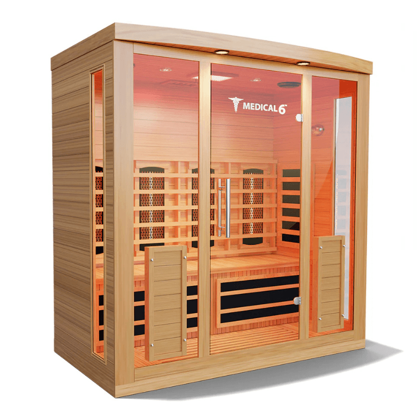 Medical Saunas Medical 6 Ultra Full Spectrum Sauna front view angled slightly right with sight of ceiling and floor and warm internal lights on