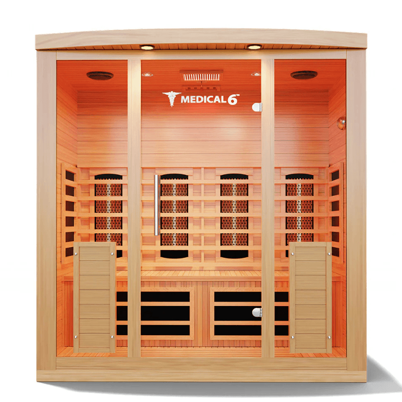 Medical Saunas Medical 6 Ultra Full Spectrum Sauna front view with sight of ceiling and floor and warm internal lights on