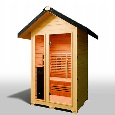 Medical Saunas Nature 5 Outdoor Infrared Sauna front view angled slightly left, view through the windows to the warmly lit inside