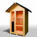 Medical Saunas Nature 5 Outdoor Infrared Sauna front view angled slightly left, view through the windows to the warmly lit inside