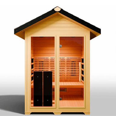 Medical Saunas Nature 6 Outdoor Infrared Sauna front view square on warm lighting on inside
