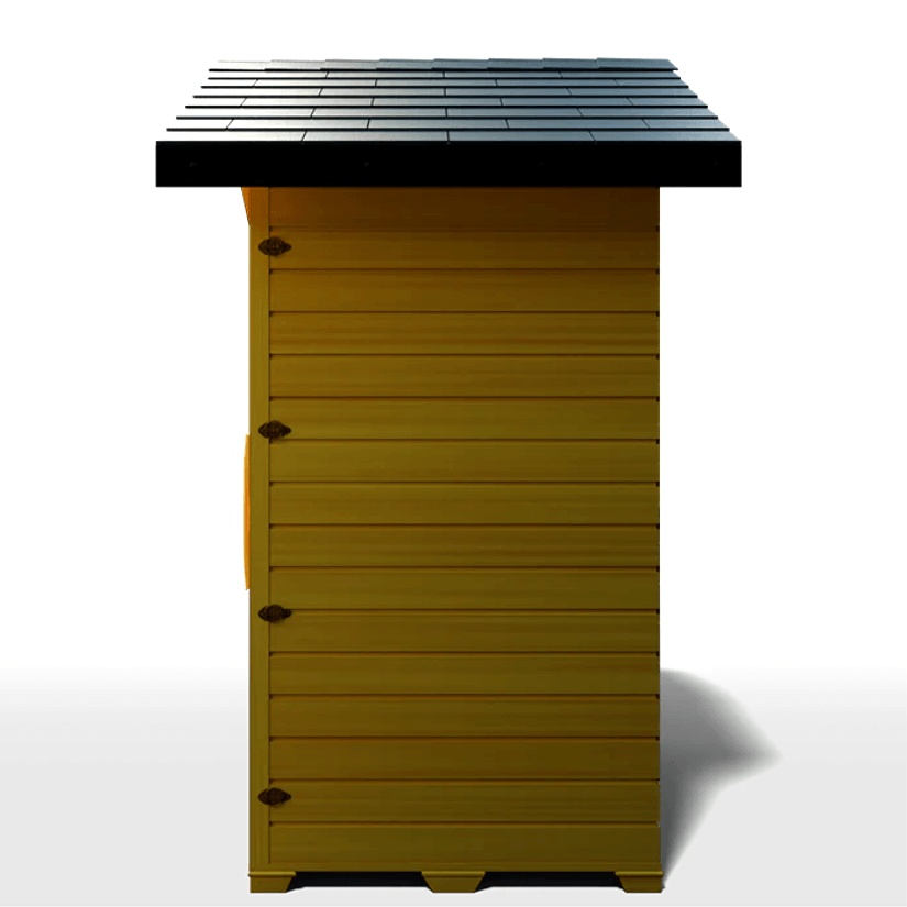Medical Saunas Nature 6 Outdoor Infrared Sauna right side view square on with half of sloping roof in view