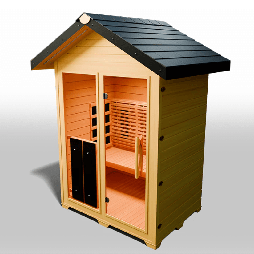 Medical Saunas Nature 6 Outdoor Infrared Sauna front view angled left, very downward view with half of sloping roof in view, warm lighting on inside