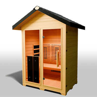 Medical Saunas Nature 6 Outdoor Infrared Sauna front view angled left view downward to see floor, warm lighting on inside