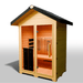 Medical Saunas Nature 6 Outdoor Infrared Sauna front view angled left view downward to see floor, warm lighting on inside