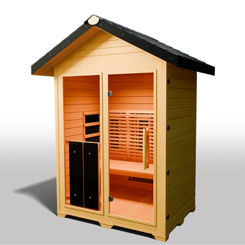 Medical Saunas Nature 6 Outdoor Infrared Sauna front view angled left view downward to see floor, warm lighting on inside