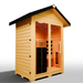 Medical Saunas Nature 6 Outdoor Infrared Sauna front view angled right, slight upward view with partial view of inside ceiling, warm lighting on inside