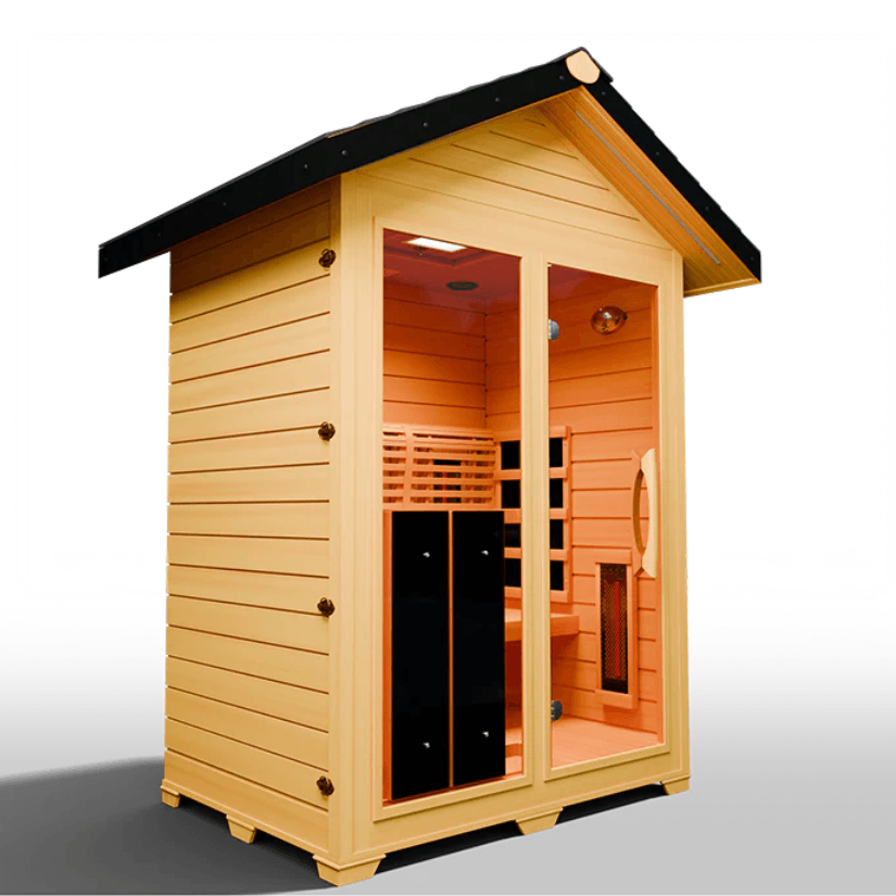 Medical Saunas Nature 6 Outdoor Infrared Sauna front view angled right, slight upward view with partial view of inside ceiling, warm lighting on inside