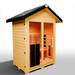 Medical Saunas Nature 6 Outdoor Infrared Sauna front view angled right, slightly downward view with half of sloping roof still in view, warm lighting on inside