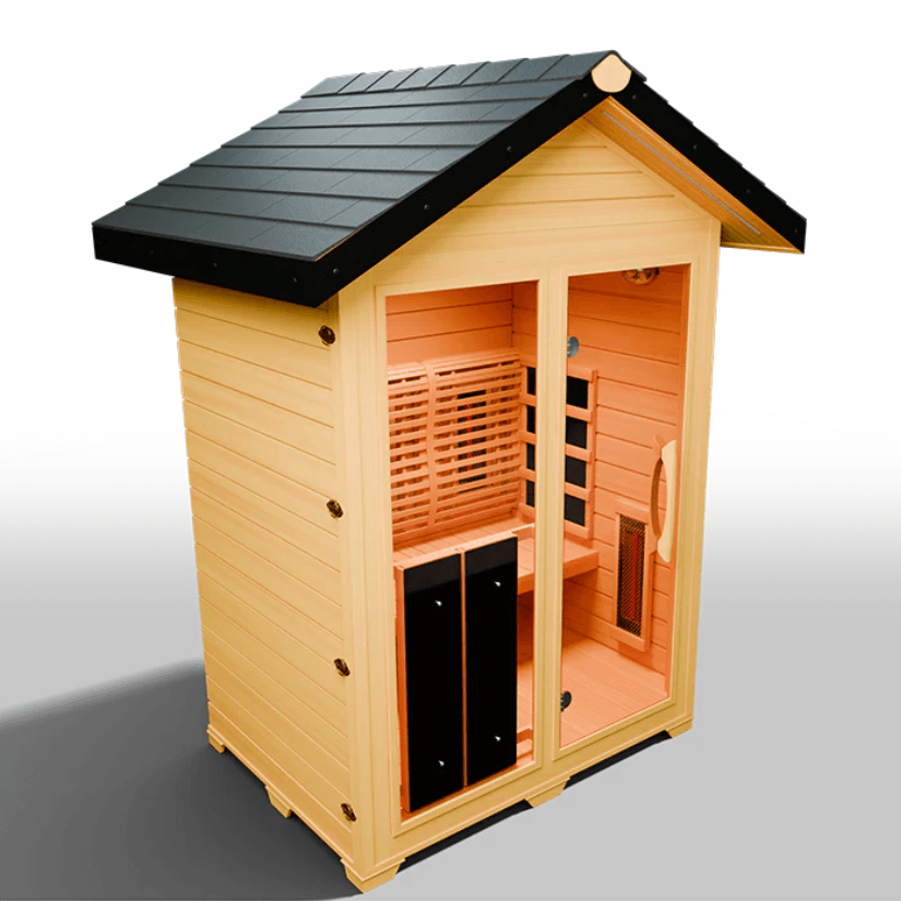Medical Saunas Nature 6 Outdoor Infrared Sauna front view angled right, very downward view with half of sloping roof in view, warm lighting on inside