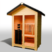 Medical Saunas Nature 6 Outdoor Infrared Sauna front view angled left, warm lighting on inside