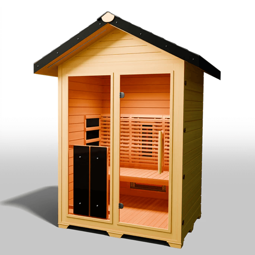 Medical Saunas Nature 6 Outdoor Infrared Sauna front view angled left, warm lighting on inside