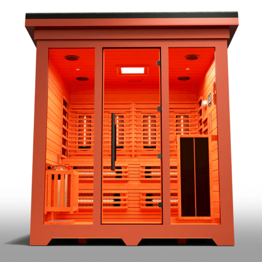 Medical Saunas Nature 8 Plus Outdoor Infrared and Steam Sauna front view upward angle orange affect from lighting inside