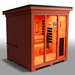 Medical Saunas Nature 8 Plus Outdoor Infrared and Steam Sauna front view angled significantly right with downward angle looking inside through glass with orange affect from lighting inside and good view of one side externally