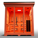 Medical Saunas Nature 8 Plus Outdoor Infrared and Steam Sauna front view looking significantly upwards and inside through glass with orange affect from lighting inside and good view of whole ceiling inside