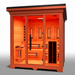 Medical Saunas Nature 8 Plus Outdoor Infrared and Steam Sauna front view angled slightly left looking inside through glass with orange affect from lighting inside
