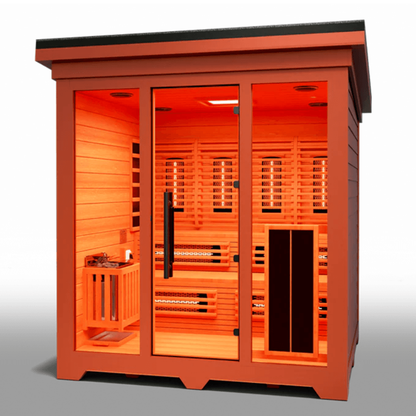 Medical Saunas Nature 8 Plus Outdoor Infrared and Steam Sauna front view angled slightly left looking inside through glass with orange affect from lighting inside