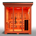 Medical Saunas Nature 8 Plus Outdoor Infrared and Steam Sauna front view looking inside through glass square on with orange affect from lighting inside
