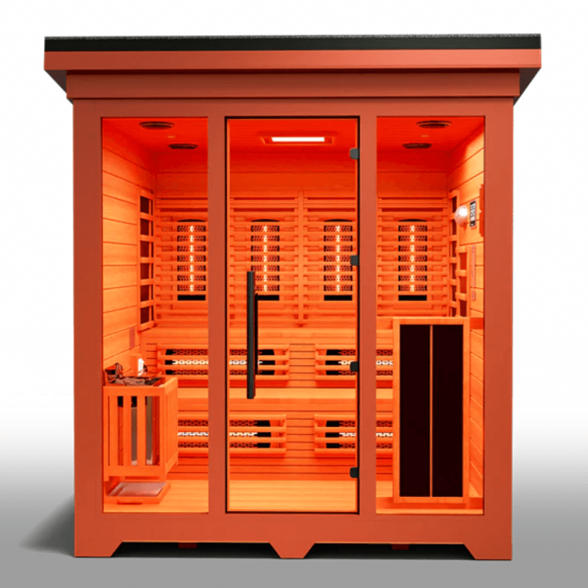 Medical Saunas Nature 8 Plus Outdoor Infrared and Steam Sauna front view looking inside through glass square on with orange affect from lighting inside