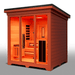 Medical Saunas Nature 8 Plus Outdoor Infrared and Steam Sauna front view angled significantly left looking inside through glass with orange affect from lighting inside and good view of one side externally