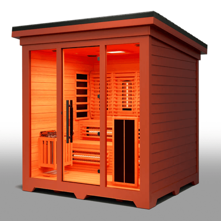 Medical Saunas Nature 8 Plus Outdoor Infrared and Steam Sauna front view angled significantly left looking inside through glass with orange affect from lighting inside and good view of one side externally