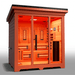 Medical Saunas Nature 8 Plus Outdoor Infrared and Steam Sauna front view angled slightly right looking inside through glass with orange affect from lighting inside