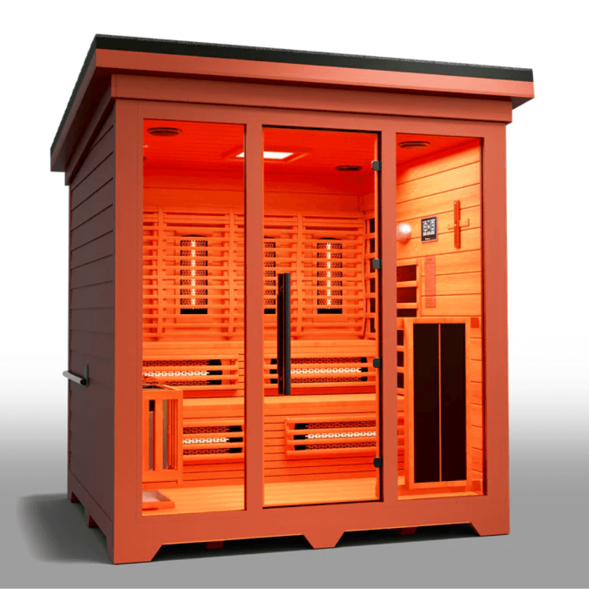 Medical Saunas Nature 8 Plus Outdoor Infrared and Steam Sauna front view angled slightly right looking inside through glass with orange affect from lighting inside