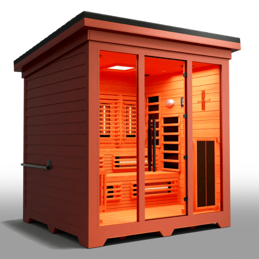 Medical Saunas Nature 8 Plus Outdoor Infrared and Steam Sauna front view angled significantly right looking inside through glass with orange affect from lighting inside and good view of one side externally