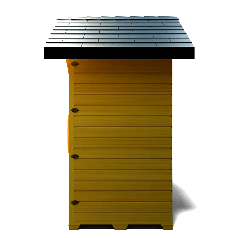 Medical Saunas Nature 5 Outdoor Infrared Sauna side view square on showing wooden side with no windows and one half of the sloping roof