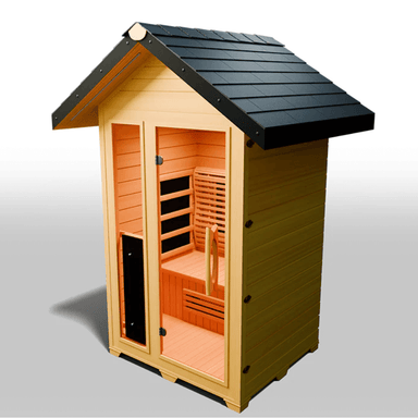 Medical Saunas Nature 5 Outdoor Infrared Sauna front view angled significantly left, downward angle, view through the windows to the warmly lit inside