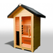 Medical Saunas Nature 5 Outdoor Infrared Sauna front view angled slightly left, level view through the windows to the warmly lit inside showing the seating and floor